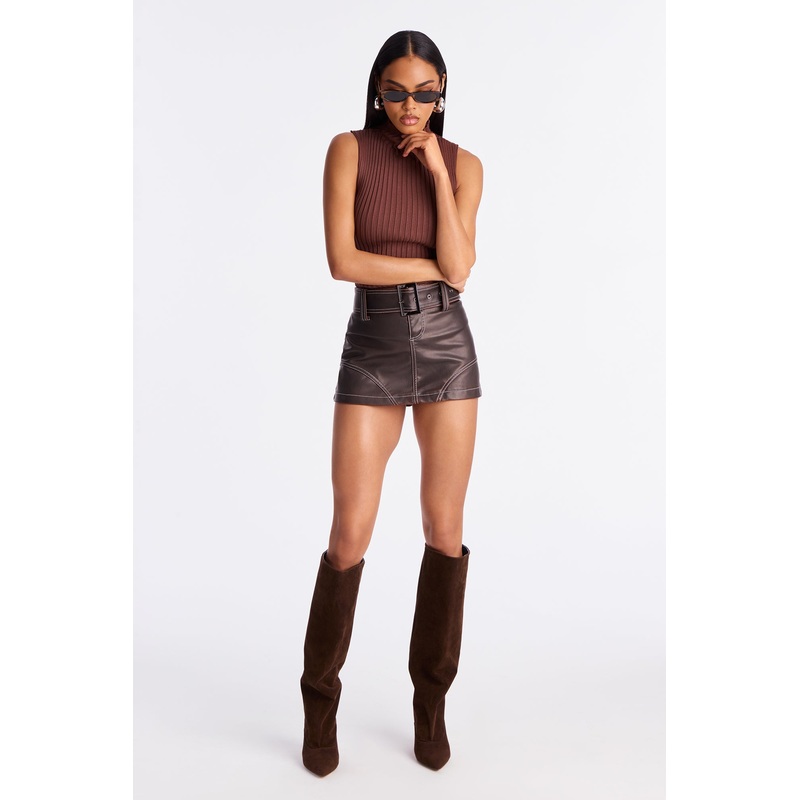 Your New Obsession Belted Faux Leather Micro Mini Skort – Brown