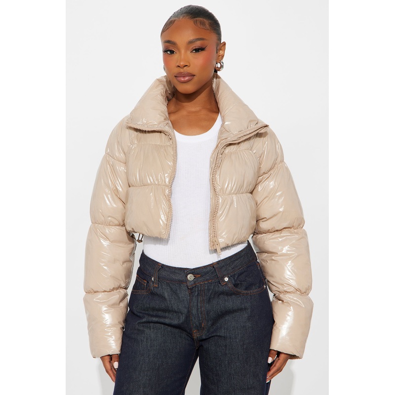 Zora Faux Patent Leather Cropped Puffer Jacket – Cream
