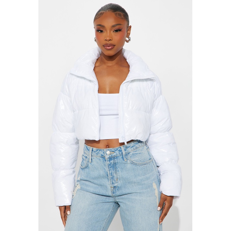 Zora Faux Patent Leather Cropped Puffer Jacket – White