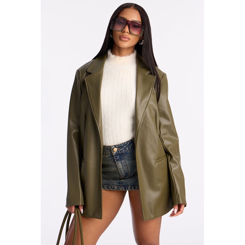 Ameli Oversized Faux Leather Blazer – Olive