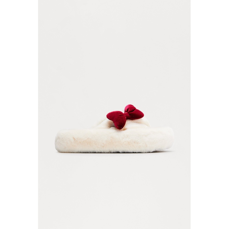 Bow Faux Fur Slippers – Ivory
