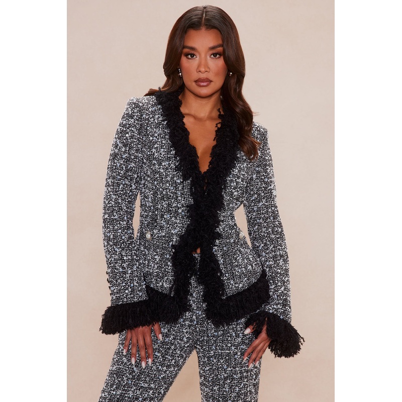 Christie Embellished Tweed Fringe Jacket – Black/White