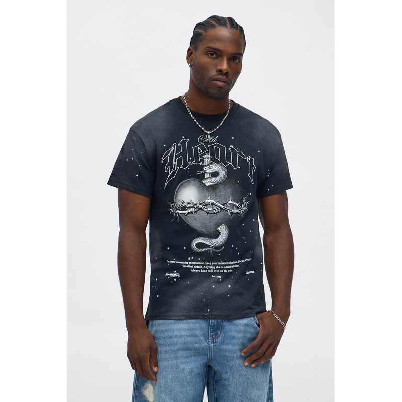 Cold Heart Paint Splattered Short Sleeve Tee – Black Wash