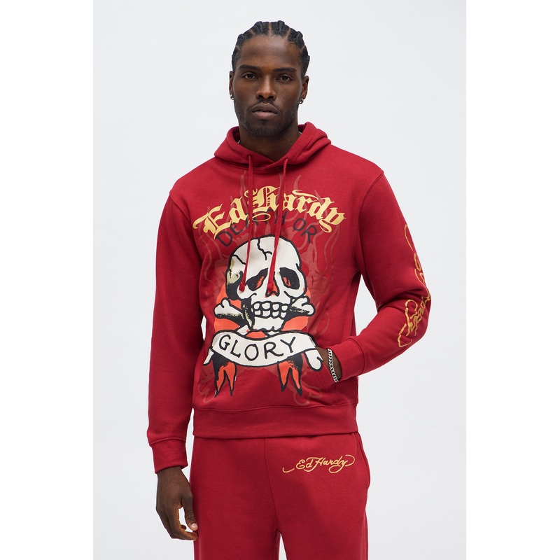 Ed Hardy Glory Skull Hoodie – Red