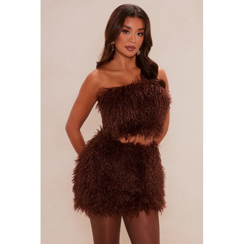 Elsie Faux Fur Mini Skirt Set – Chocolate