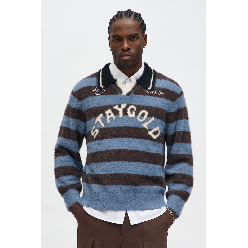 Stay Gold Striped Brushed Sweater – Blue