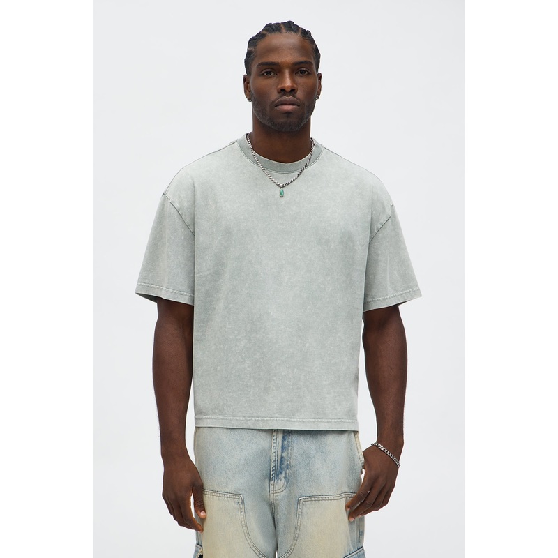 Tinted Acid Wash Boxy Cropped Heavyweight Short Sleeve Tee – Sage