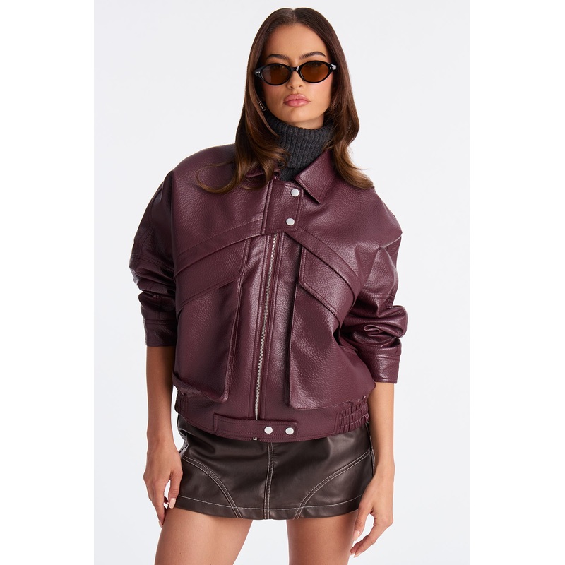 Your Loss Faux Leather Bomber Jacket – Burgundy