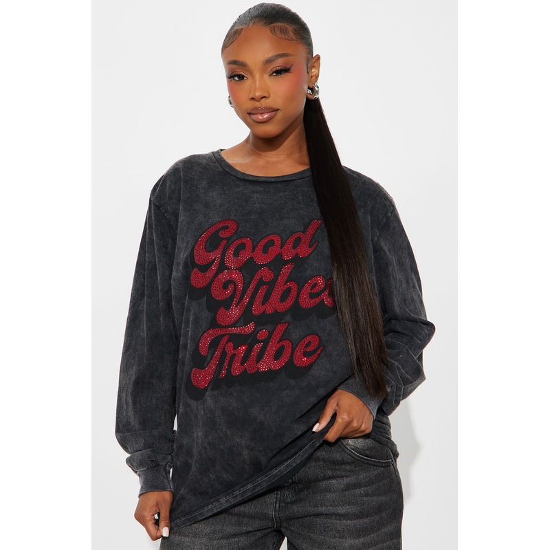 Good Vibes Tribe Washed Long Sleeve Tee – Grey Mineral Wash