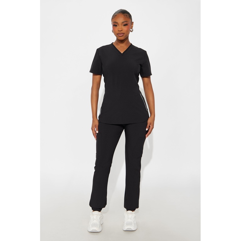 Sporty Utility V Neck With Reflective Piping Jogger Set – Black