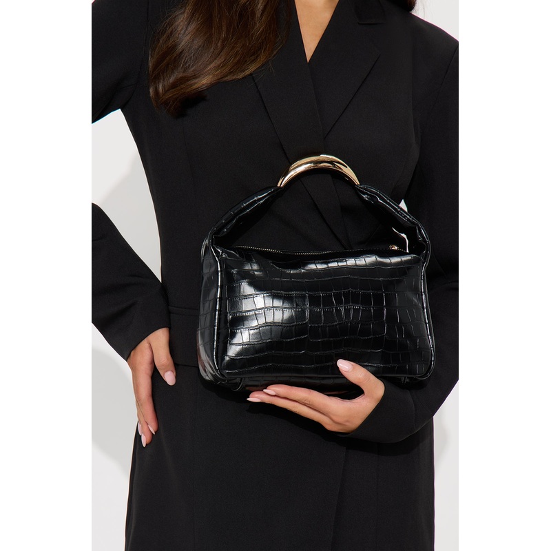 After Dark Embossed Croc Faux Leather Satchel Handbag – Black