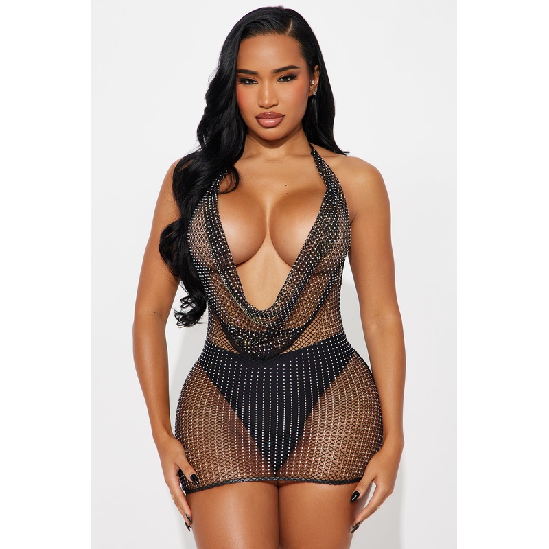 After Midnight Rhinestone Fishnet Chemise Dress – Black