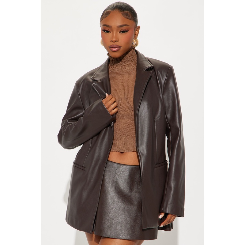 Ameli Oversized Faux Leather Blazer – Brown