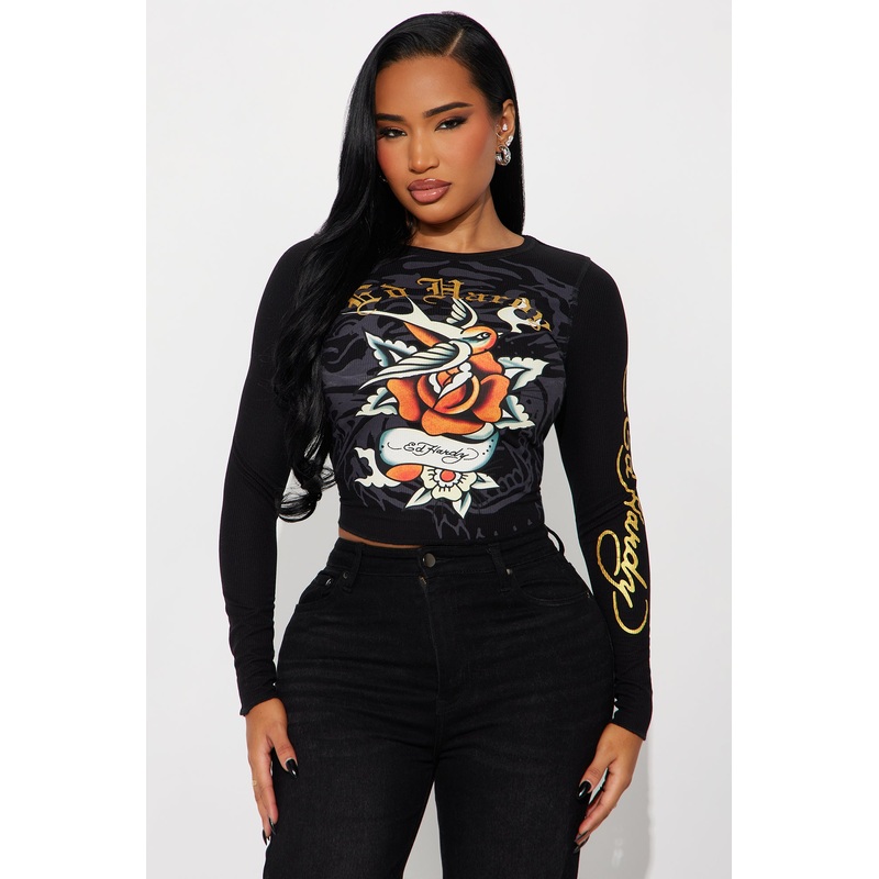 Ed Hardy Swallow Thermal Top – Black
