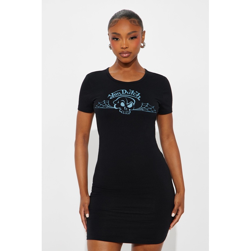 Von Dutch Skull Long Sleeve Mini Dress – Black/Blue