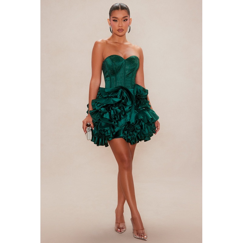 Crystal Rosette Embellished Mini Dress – Hunter