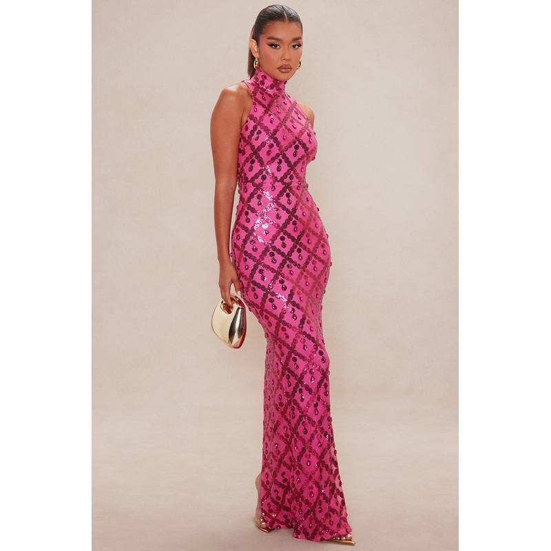 Francesca Embellished Mock Neck Gown – Hot Pink