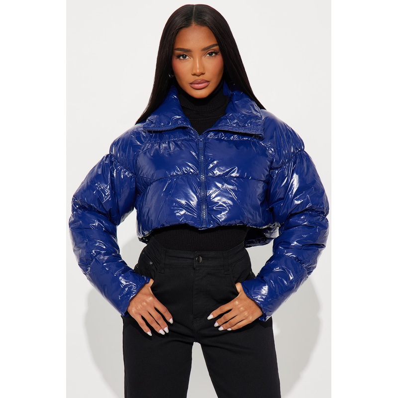 Zora Faux Patent Leather Cropped Puffer Jacket – Navy