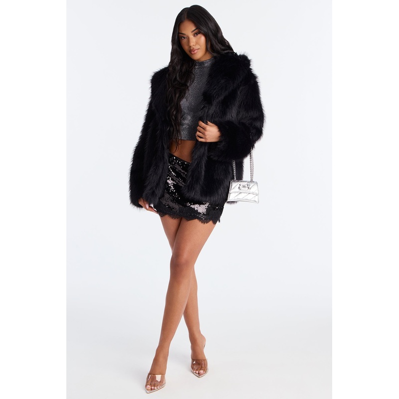 All That Shines Lace Trim Sequin Mini Skirt – Black