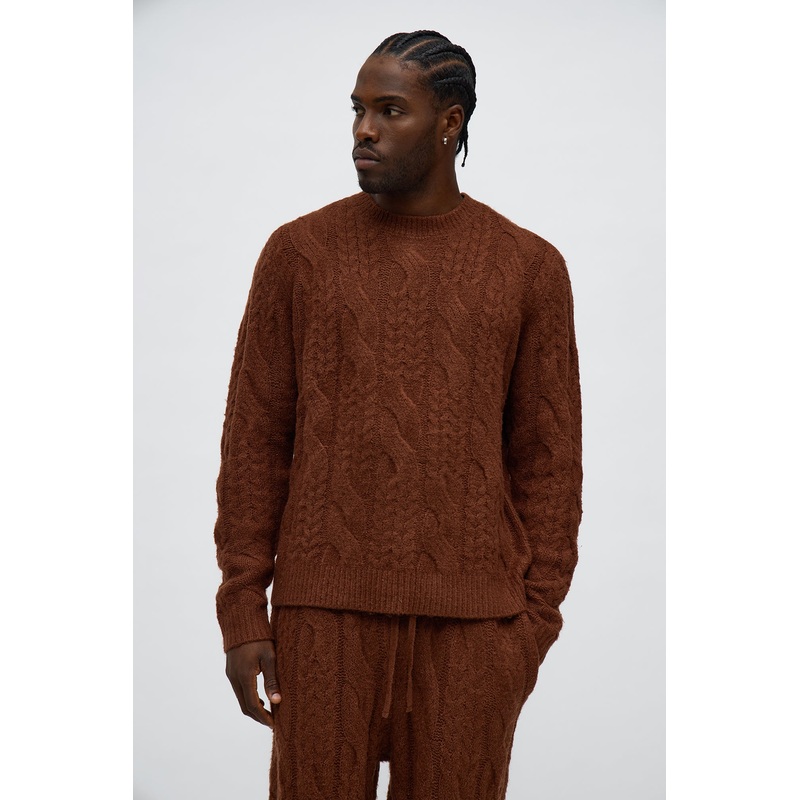 Day To Day Cable Knit Crewneck Sweater – Brown