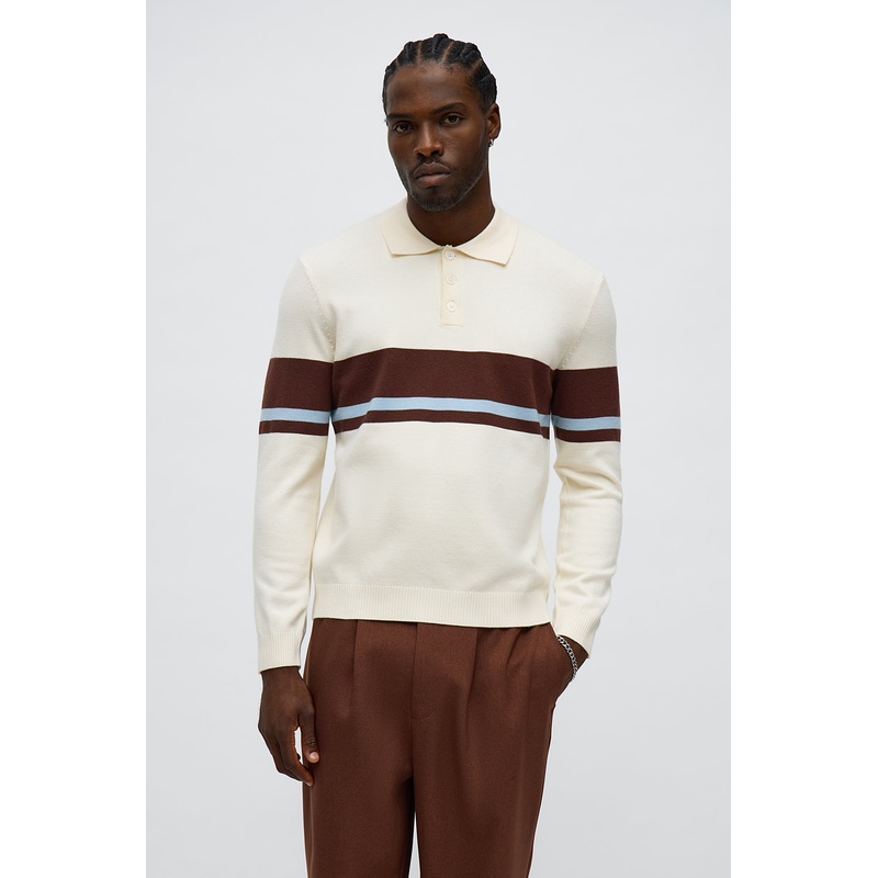 Devon Wavy Texture Knitted Polo – Cream/combo