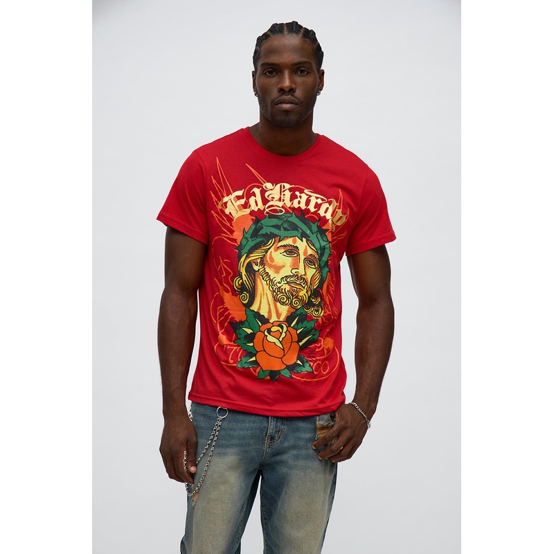 Ed Hardy Rose Faith Short Sleeve Tee – Red
