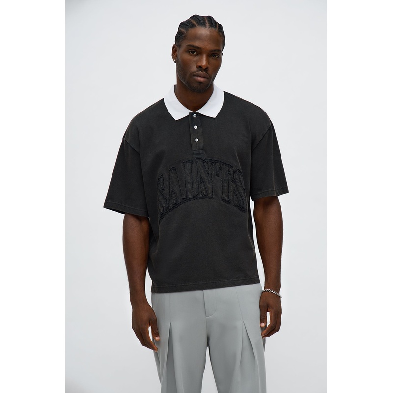 Relaxed Saints Distressed Short Sleeve Polo – Black/combo