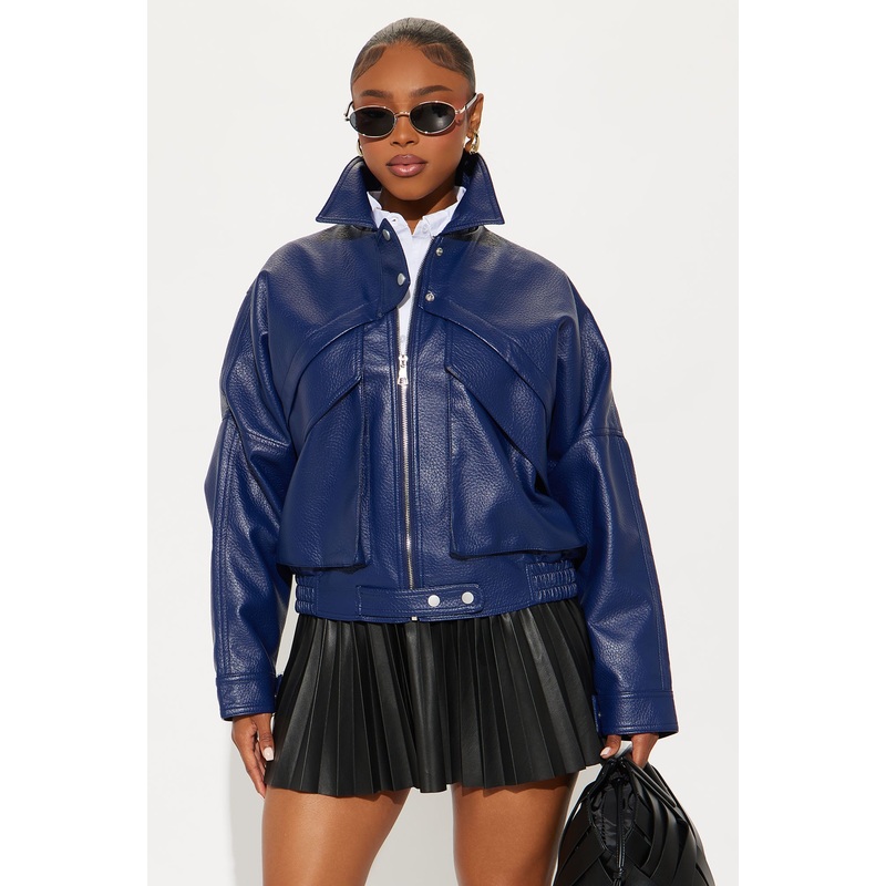 Your Loss Faux Leather Bomber Jacket – Blue