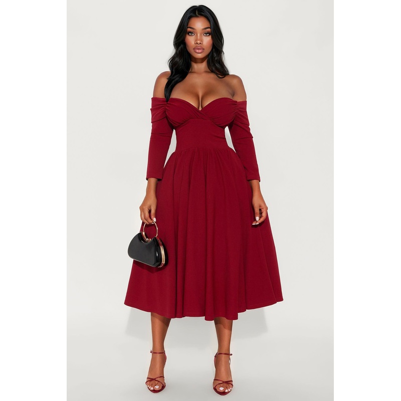 Abby Off Shoulder Crepe Knit Midi Dress – Wine