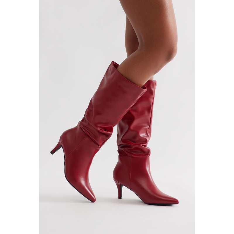 Alpine Ruched Faux Leather Boots – Red