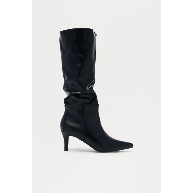 Alpine Ruched Faux Leather Boots – Black