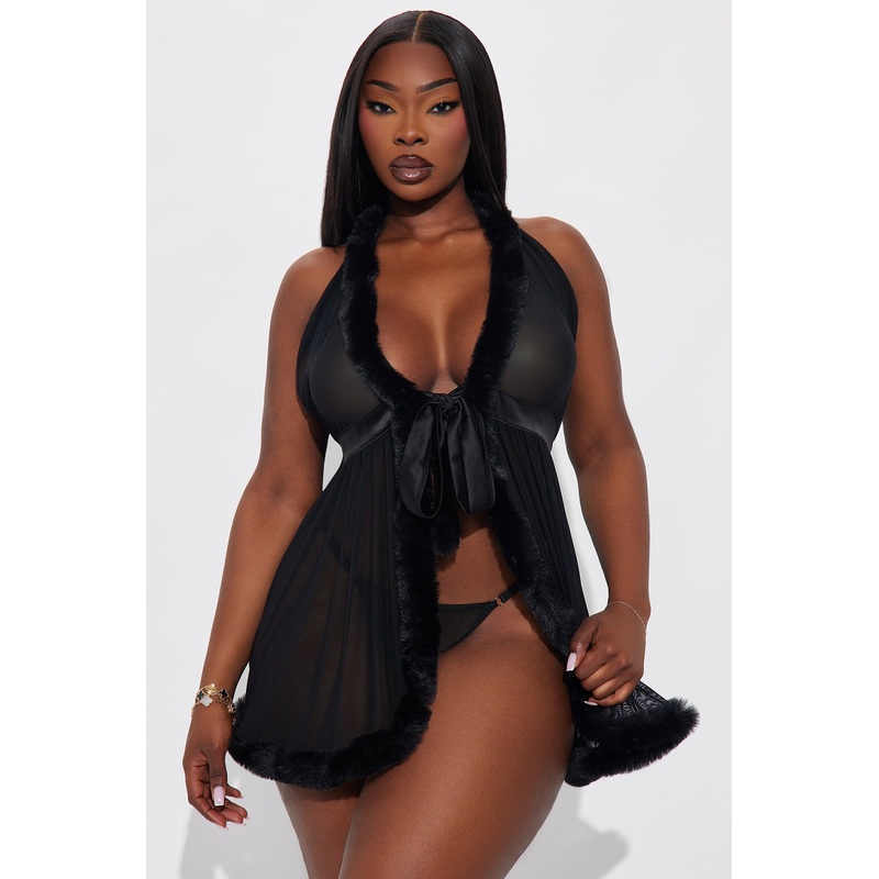 Angelica Marabou Mesh Babydoll – Black