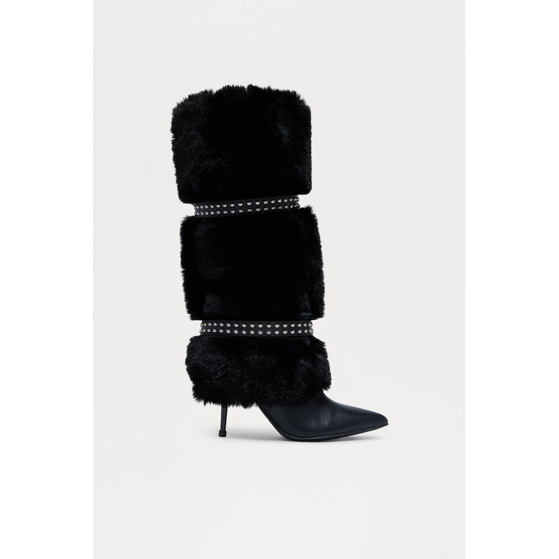 Bronx Studded Faux Fur Boots – Black