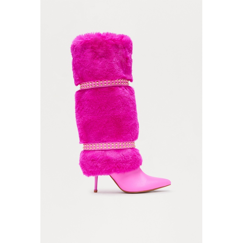 Bronx Studded Faux Fur Boots – Hot Pink