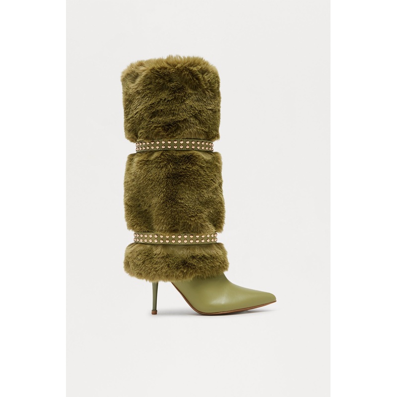 Bronx Studded Faux Fur Boots – Olive