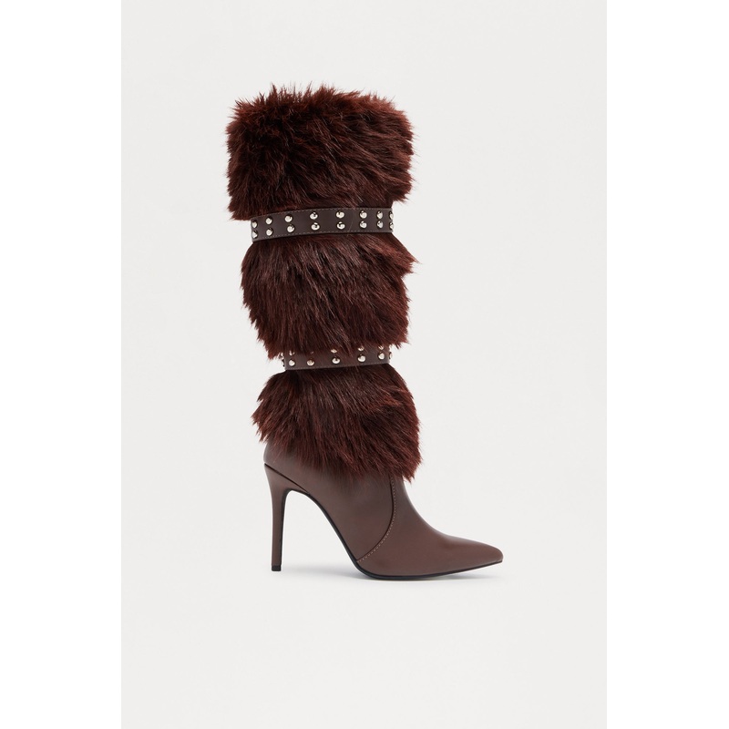 Cambridge Studded Faux Fur Boots – Brown
