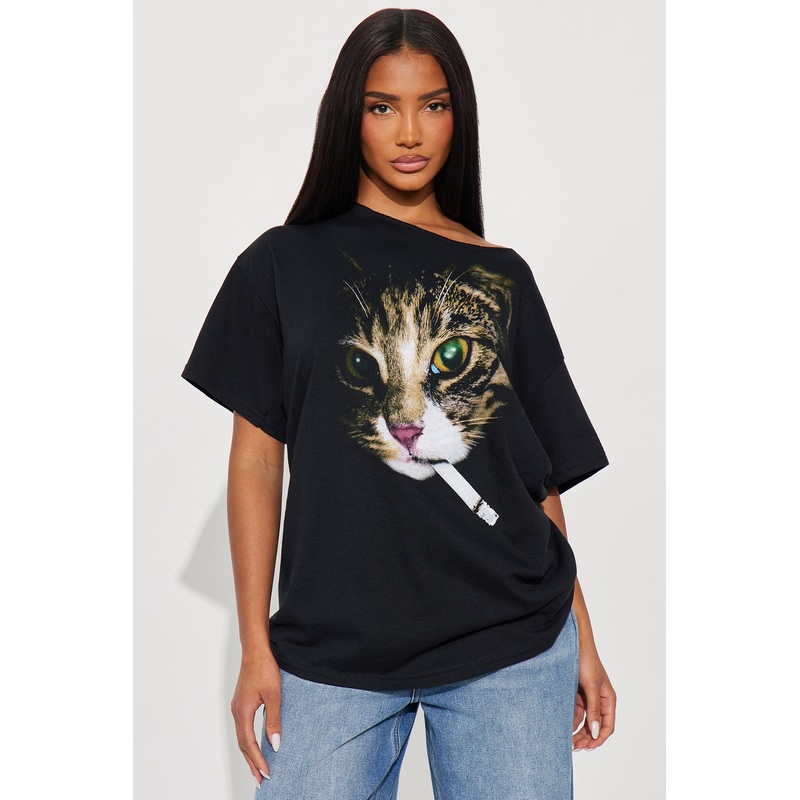 Cat Ciggy Off Shoulder Tee – Black