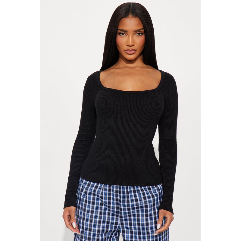 Jana Heathered Waffle Knit Long Sleeve Top – Black