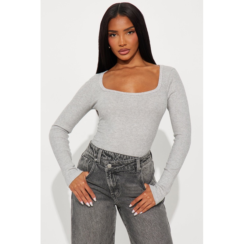 Jana Heathered Waffle Knit Long Sleeve Top – Heather Grey