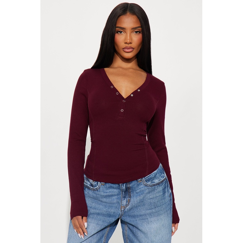 Mina Henley Long Sleeve Top – Burgundy