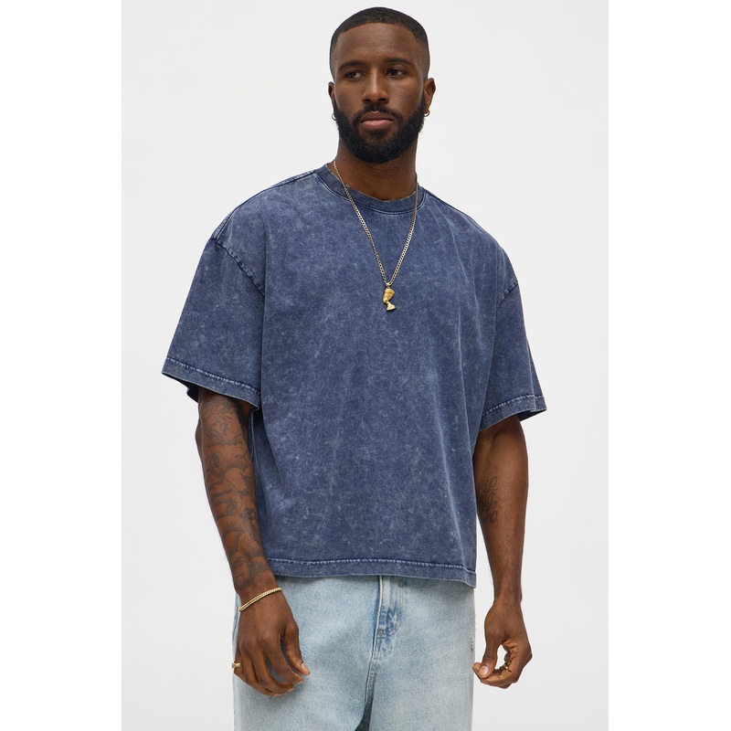 Tinted Acid Wash Boxy Cropped Heavyweight Short Sleeve Tee – Navy