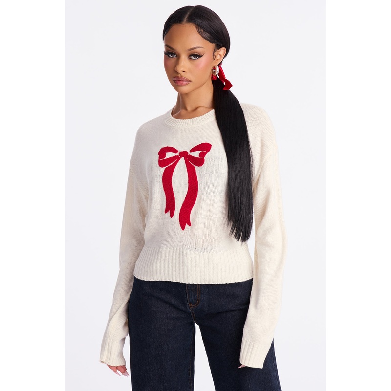 About A Girl Bow Sweater And Scrunchie Set – White/combo