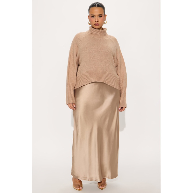 Always Near Satin Sweater Maxi Dress Set – Taupe