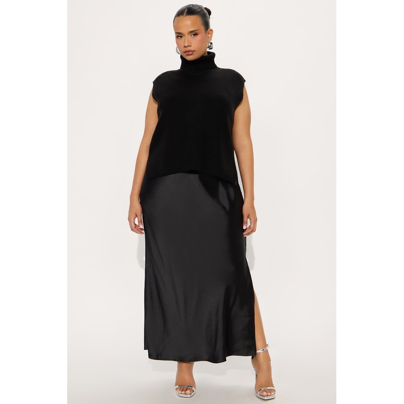Always Sweet Satin Sweater Maxi Dress Set – Black