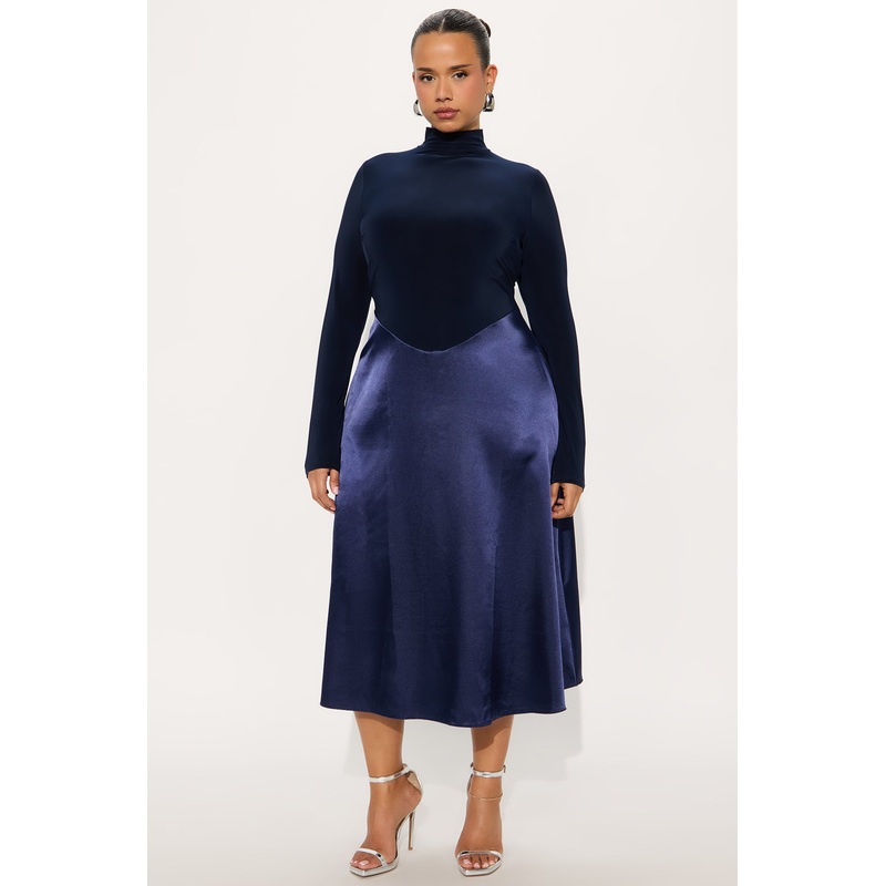 Angie Long Sleeve Satin Midi Dress – Navy