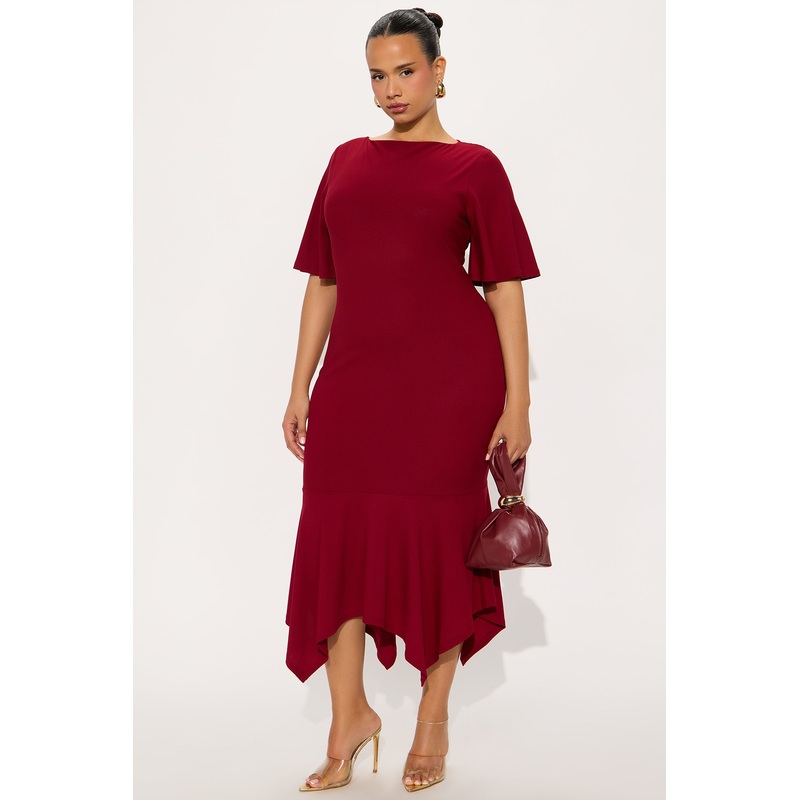 Audrina Asymmetrical Mermaid Midi Dress – Wine