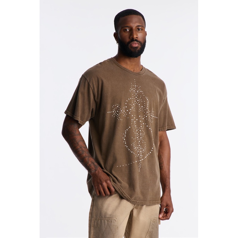 Holy Cross Rhinestone Pearl Oversized Short Sleeve Tee – Brown