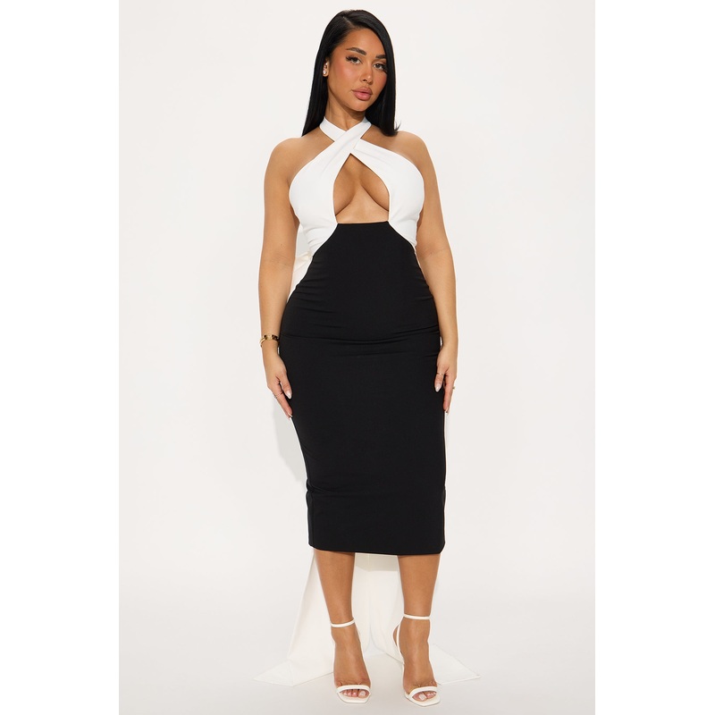 Valeria Detachable Bow Midi Dress – Black/White