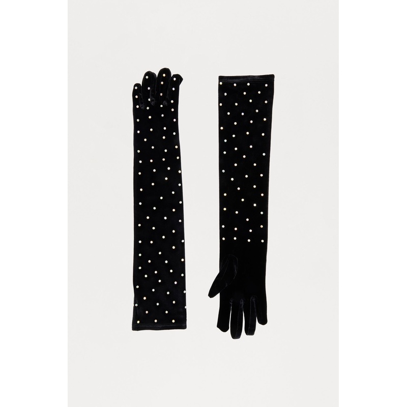 All The Glitz Rhinestone Gloves – Black