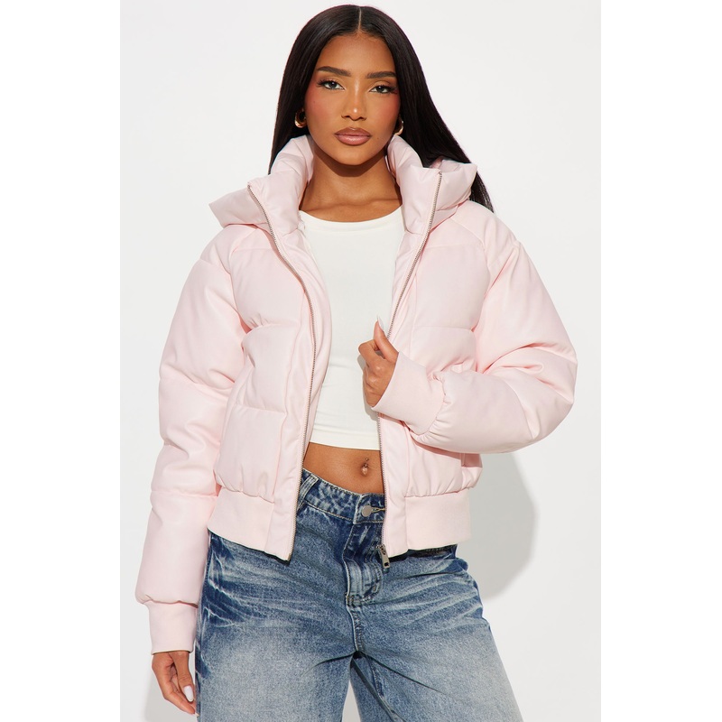 Angella Hooded Faux Leather Puffer – Pink